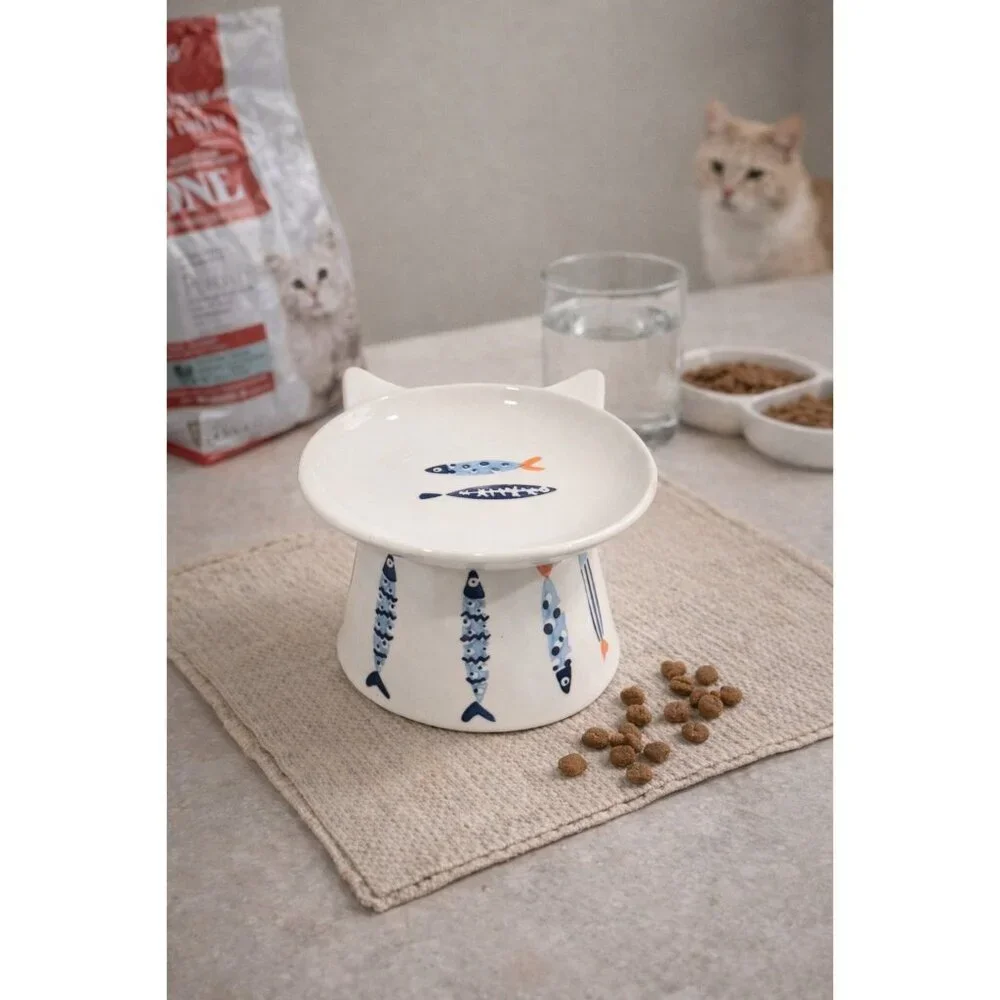 New MCM Blue Orange Sardines Fish Ceramic Cat Shaped Head Pedestal Food Bowl